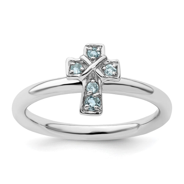 Rhodium-Plated Sterling Silver Aquamarine Cross Ring - 14K