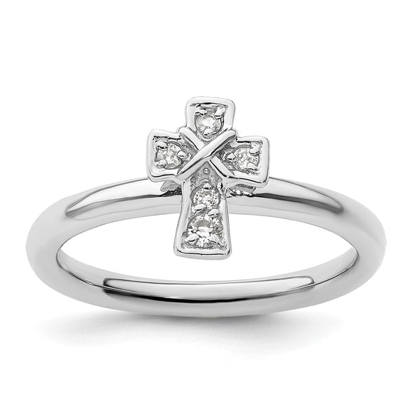 Rhodium-Plated Sterling Silver Stackable Cross Ring with White Topaz - Style GR1-1009237