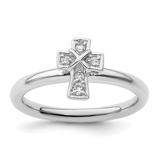High-Quality Rhodium-Plated Sterling Silver Stackable Cross Ring, Stylish White Topaz Accents