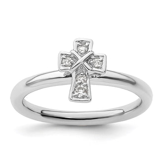 High-Quality Rhodium-Plated Sterling Silver Stackable Cross Ring with White Topaz Accents - Stylish & Affordable