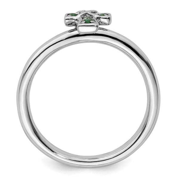 Rhodium-Plated Sterling Silver Emerald Cross Ring - Stackable