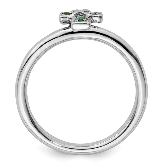 Exclusive Rhodium-Plated Sterling Silver Emerald Cross Ring - Stylish Stackable Design
