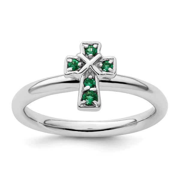 Rhodium-Plated Sterling Silver Emerald Cross Ring - Stackable