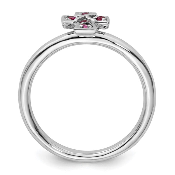 Rhodium-Plated Sterling Silver Stackable Cross Ring, 14K Gold, Garnet