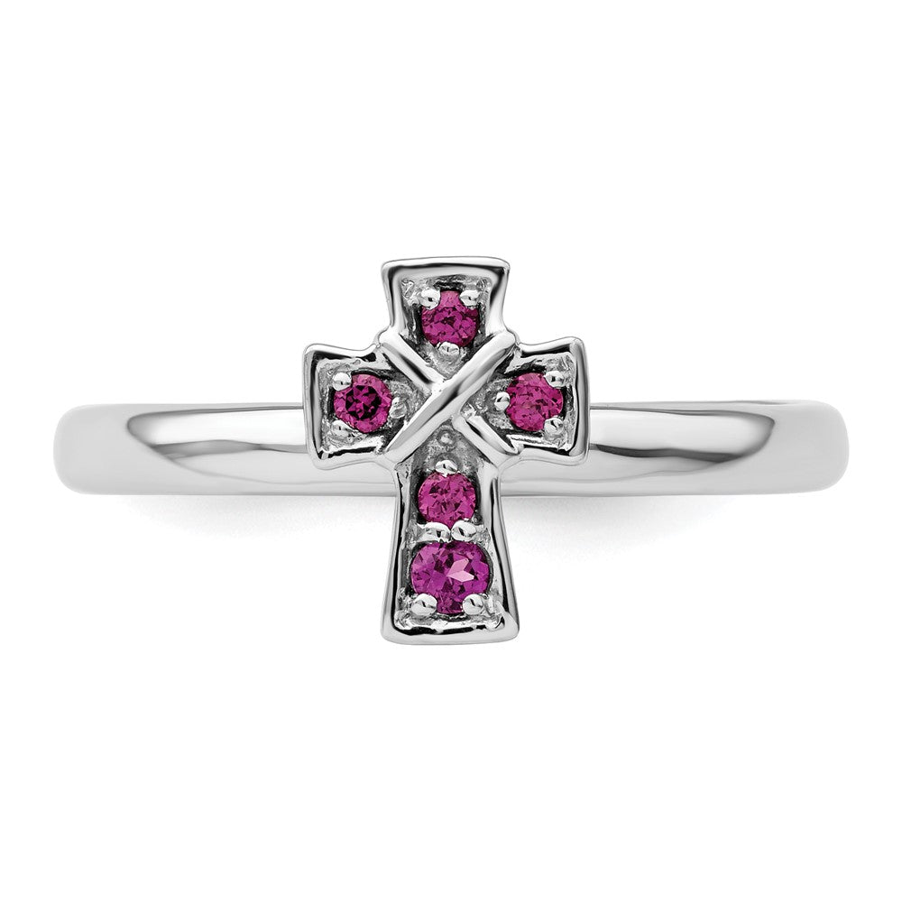Exclusive Rhodium-Plated Sterling Silver Stackable Cross Ring with Rhodolite Garnet - Stylish Value!