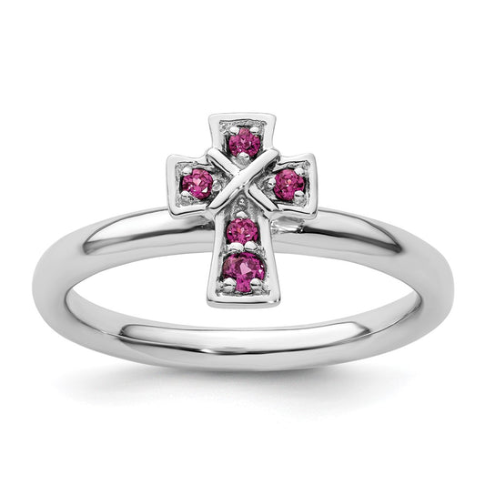 Exclusive Rhodium-Plated Sterling Silver Stackable Cross Ring with Rhodolite Garnet - Stylish Value!