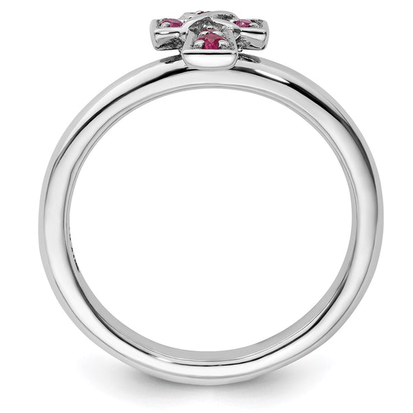 Rhodium-Plated Sterling Silver Ruby Cross Ring - 14K