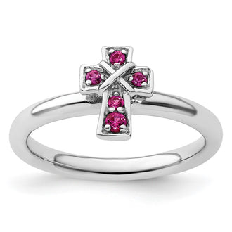 Exclusive Rhodium-Plated Sterling Silver Ruby Cross Ring - Stylish Stackable Design