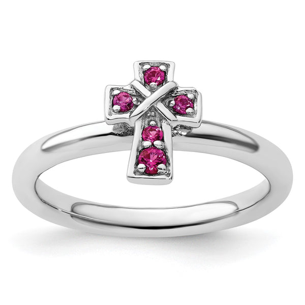 Rhodium-Plated Sterling Silver Ruby Cross Ring - 14K