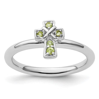 Exclusive Rhodium-Plated Sterling Silver Peridot Cross Ring - Stylish Stackable Design
