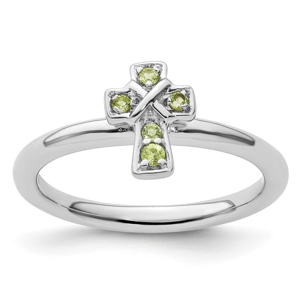 Rhodium-Plated Sterling Silver Stackable Peridot Cross Ring