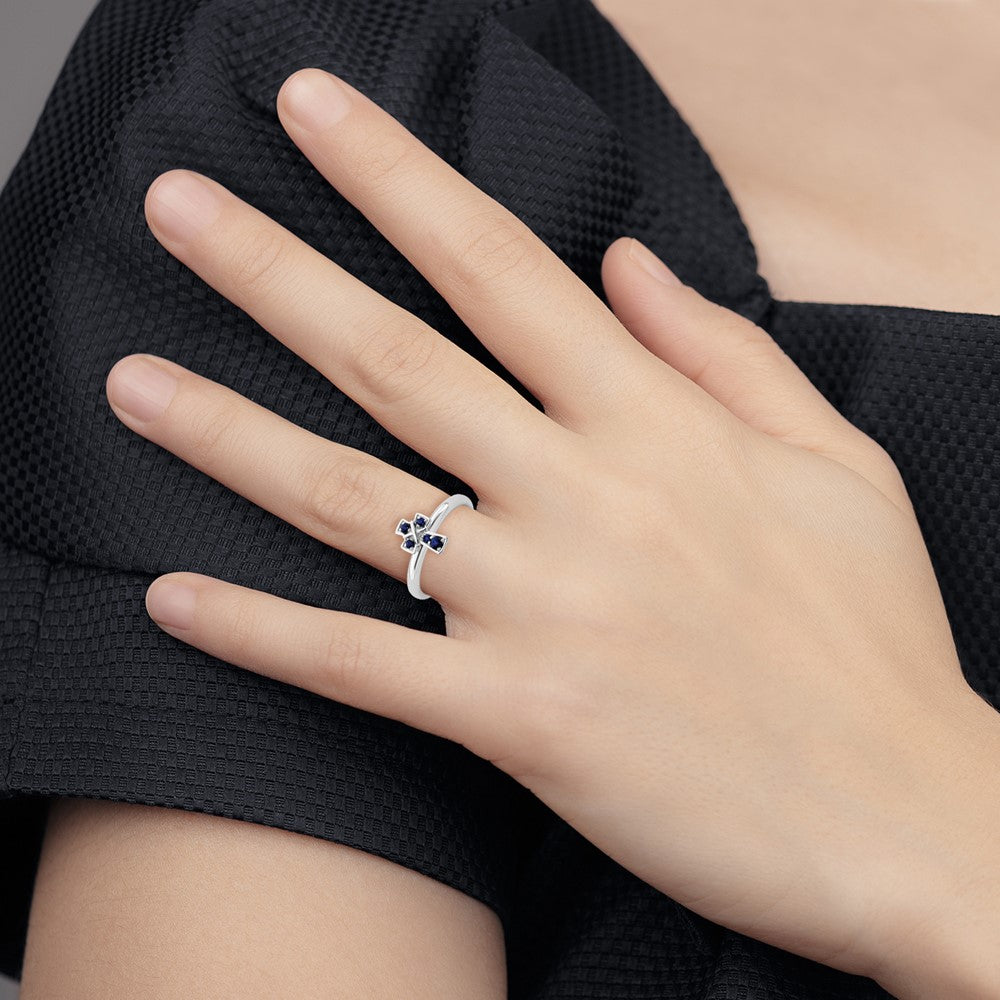 Buy Stylish Rhodium-Plated Sterling Silver Stackable Cross Ring with Created Sapphire Accents