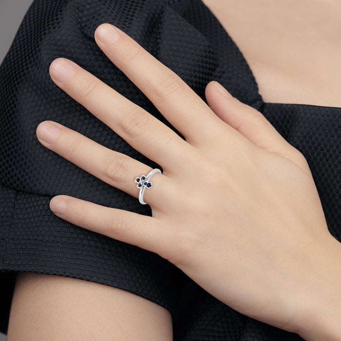Buy Stylish Rhodium-Plated Sterling Silver Stackable Cross Ring with Created Sapphire Accents-6