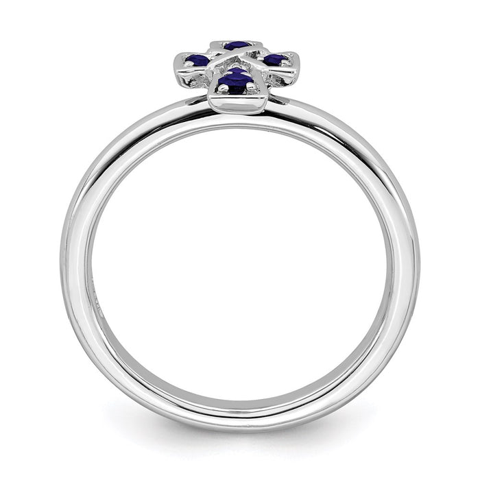 Buy Stylish Rhodium-Plated Sterling Silver Stackable Cross Ring with Created Sapphire Accents-2