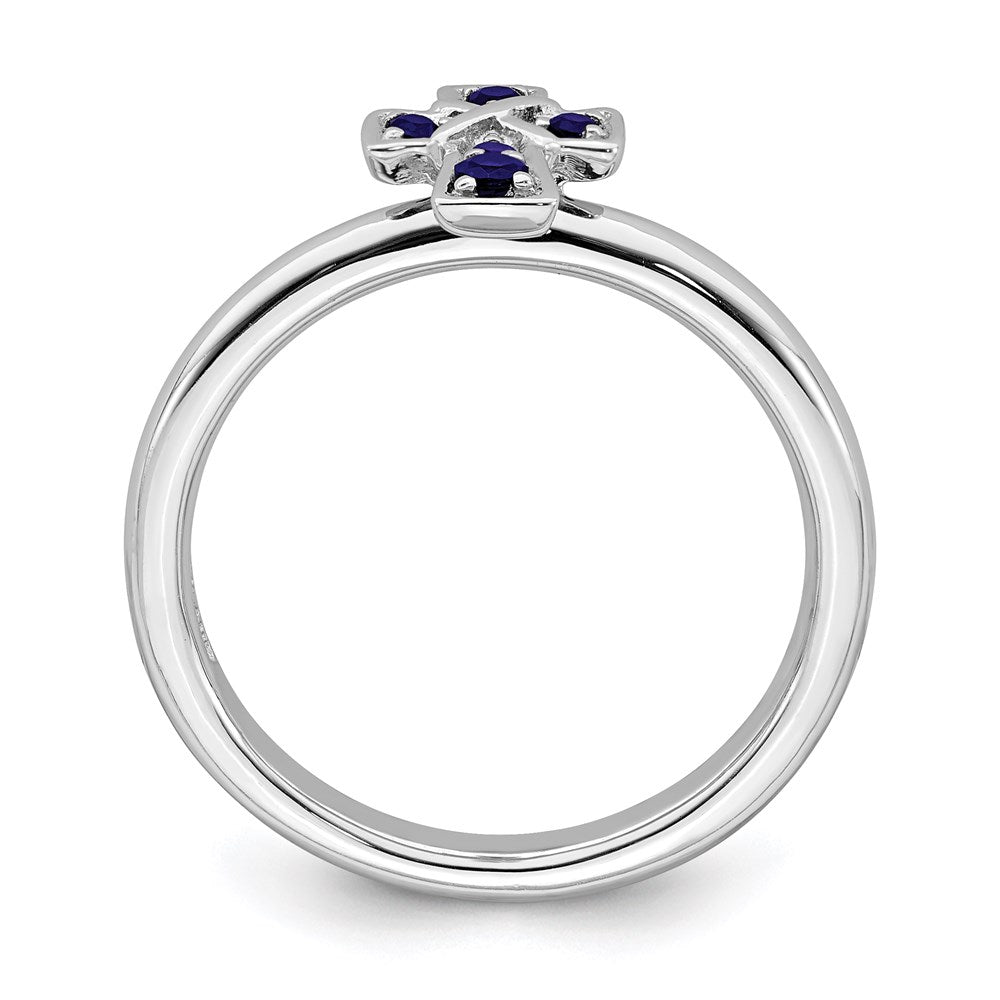 High-Quality Rhodium-Plated Sterling Silver Stackable Cross Ring with Created Sapphire Accents - Stylish and Affordable!
