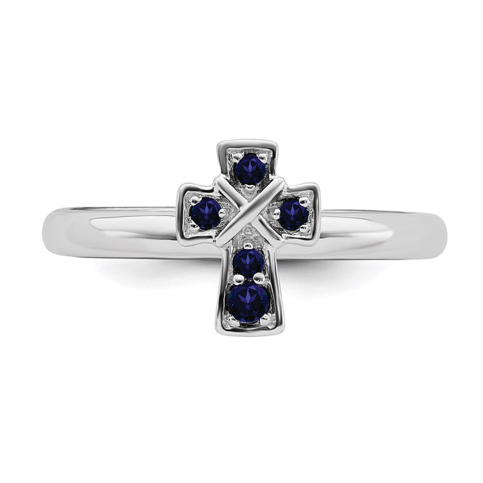 Buy Stylish Rhodium-Plated Sterling Silver Stackable Cross Ring with Created Sapphire Accents-4