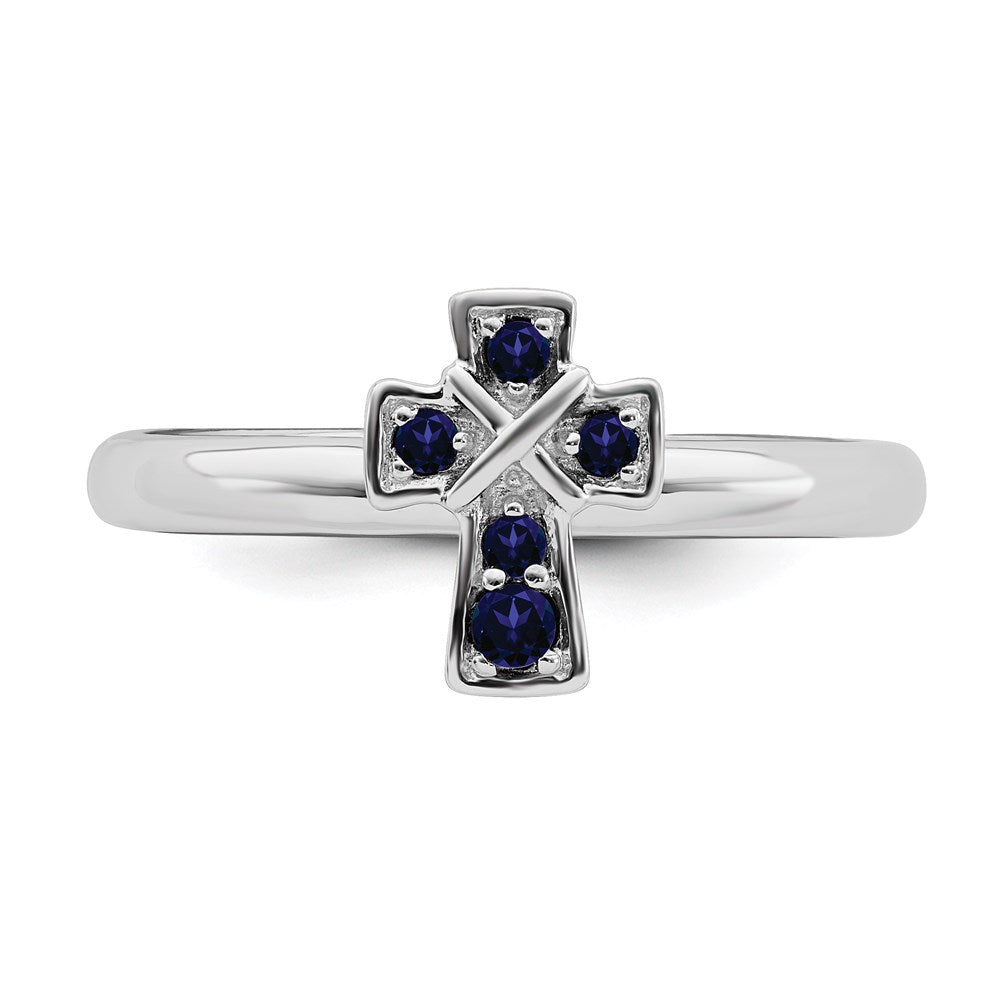 Shop High-Quality Rhodium-Plated Sterling Silver Stackable Cross Ring | Stylish Created Sapphire Accents