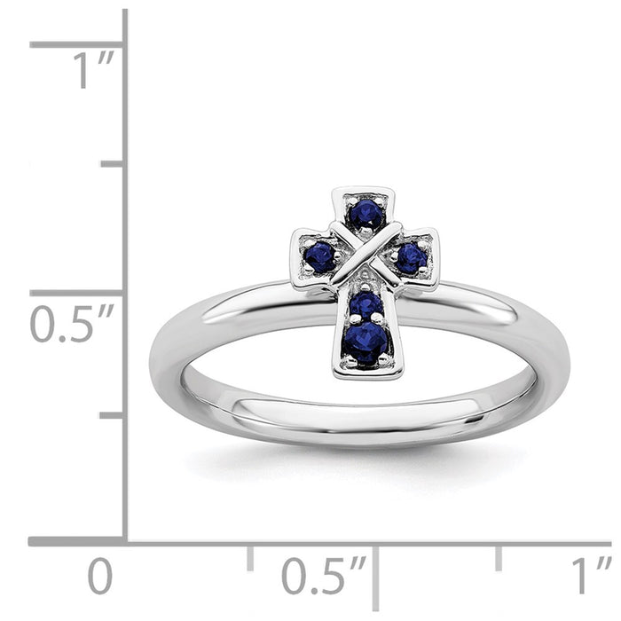 Buy Stylish Rhodium-Plated Sterling Silver Stackable Cross Ring with Created Sapphire Accents-5
