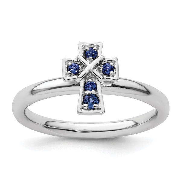 Rhodium-Plated Sterling Silver Stackable Cross Ring - Created Sapphire Accents