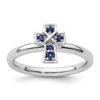 Buy Stylish Rhodium-Plated Sterling Silver Stackable Cross Ring with Created Sapphire Accents