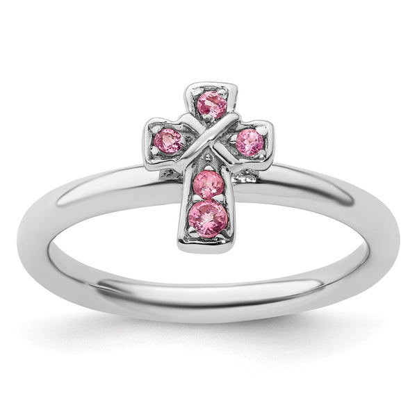 Rhodium-Plated Sterling Silver Stackable Cross Ring, 14K Gold, Pink Tourmaline