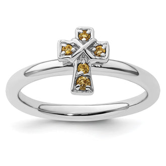 Exclusive Rhodium-Plated Sterling Silver Stackable Citrine Cross Ring - Stylish Design
