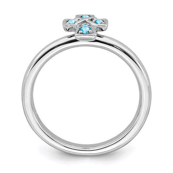 Rhodium-Plated Sterling Silver Stackable Cross Ring, 0.5 ct Blue Topaz