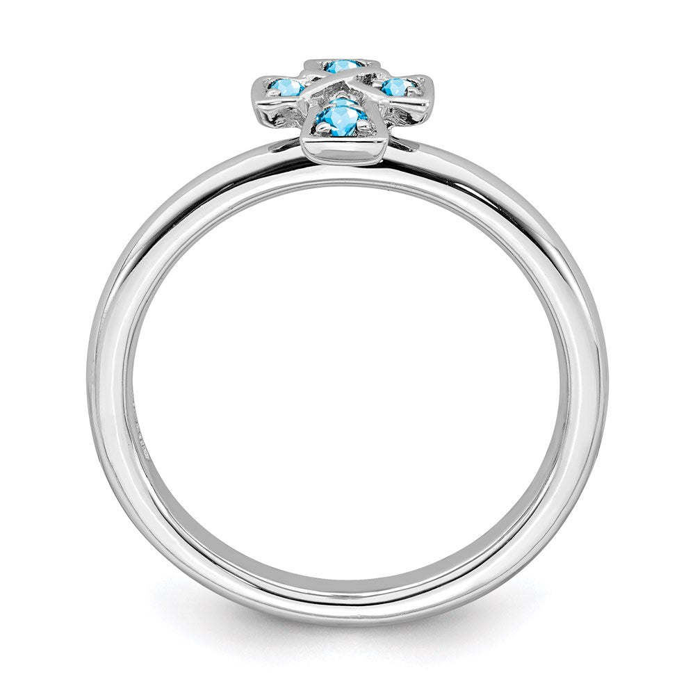 High-quality Rhodium-Plated Sterling Silver Stackable Cross Ring with Blue Topaz - Stylish Value