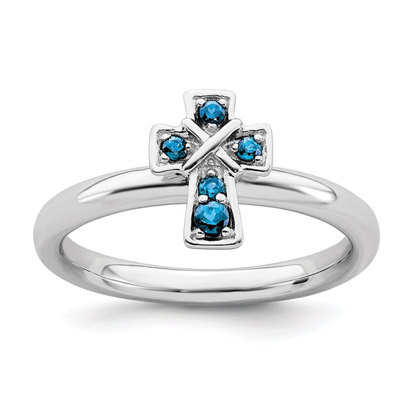 Rhodium-Plated Sterling Silver Stackable Cross Ring, 0.5 ct Blue Topaz