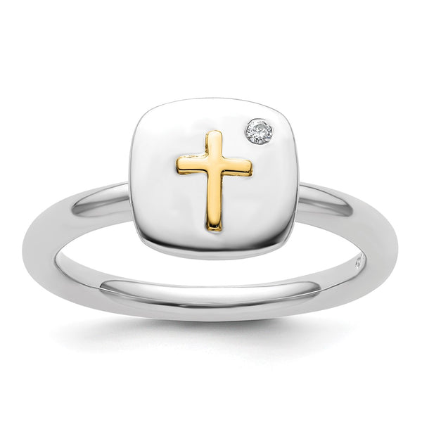 14K Gold & Sterling Silver Stackable Cross Diamond Ring, 0.85mm