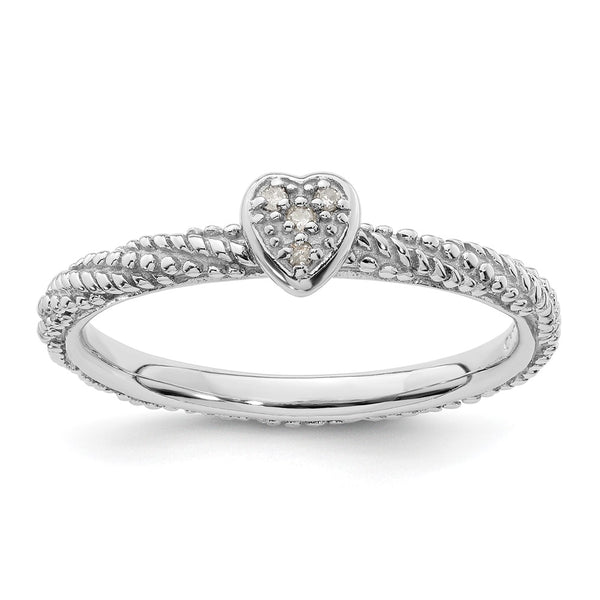 Textured Heart Ring in Sterling Silver with Diamond Accents - Stackable Expressions