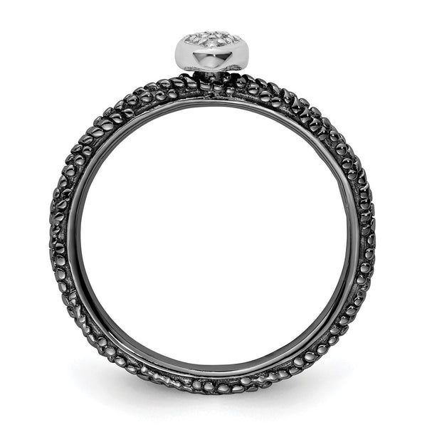 Ruthenium-Plated Silver Heart Ring with Diamonds - 14K