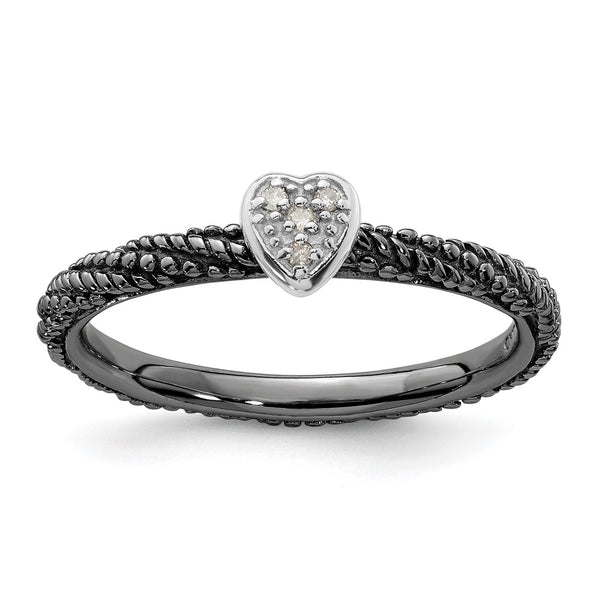 Ruthenium-Plated Silver Heart Ring with Diamonds - 14K