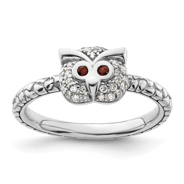 Sterling Silver Stackable Owl Ring with Garnet & Diamond Accents