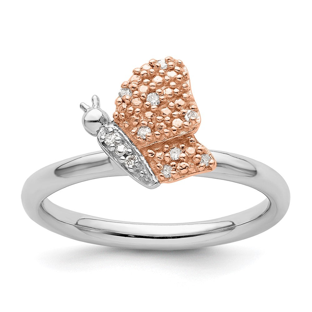 High-Quality Stackable Butterfly Ring in Sterling Silver & Rose Gold-Plated, Stylish Diamond Accents