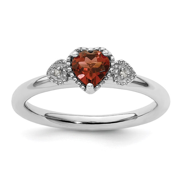 Sterling Silver Stackable Heart Ring with Garnet & Diamonds