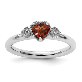 High-Quality Sterling Silver Stackable Garnet & Diamond Heart Ring - Stylish Value