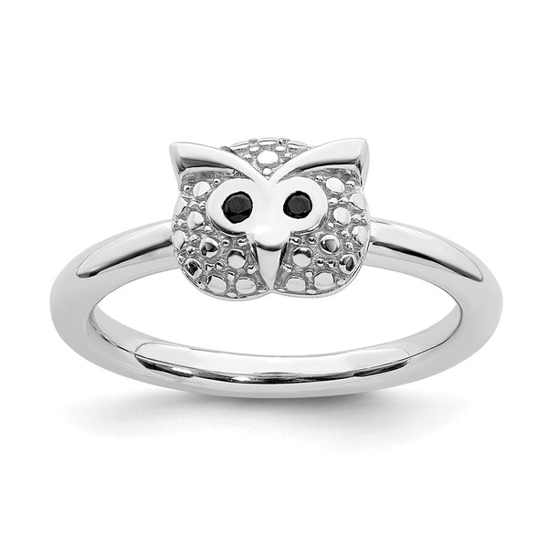 Polished Onyx Owl Ring in Sterling Silver - Stackable
