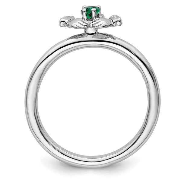 Stackable Claddagh Ring in Sterling Silver with Emerald Accent