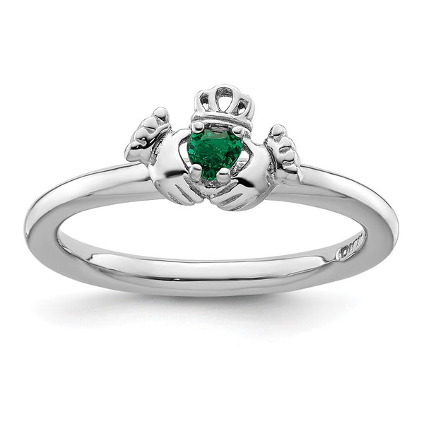 Stackable Claddagh Ring in Sterling Silver with Emerald Accent
