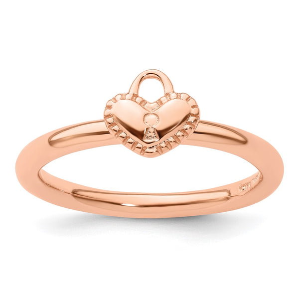Pink-Plated Heart Padlock Ring - Sterling Silver, Stackable