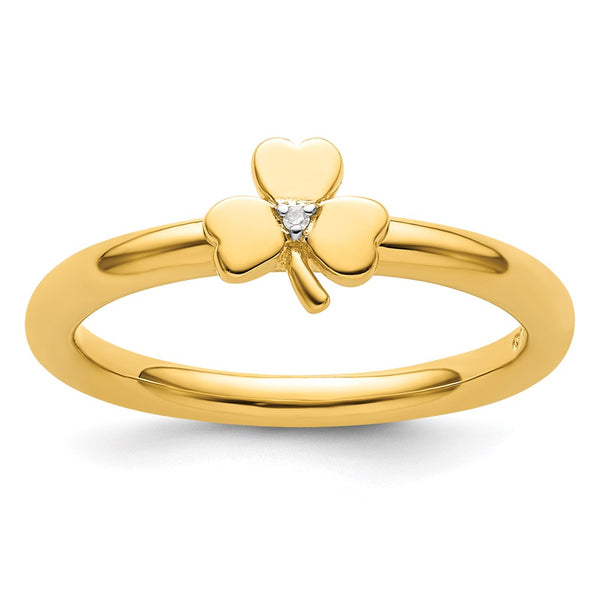 Yellow-Plated Sterling Silver Stackable Clover Ring with Diamond Accent