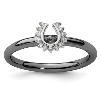 High-Quality Black-Plated Sterling Silver Horseshoe Ring with Diamonds | Stylish Value