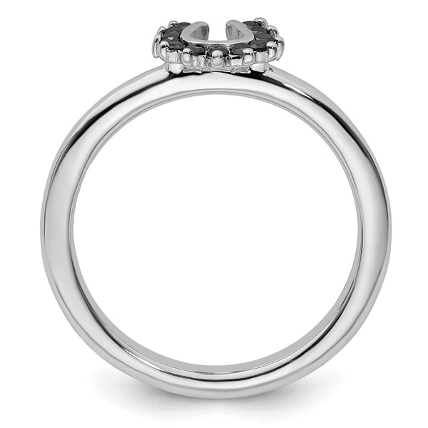 Rhodium-Plated Sterling Silver Horseshoe Ring with Black Diamonds