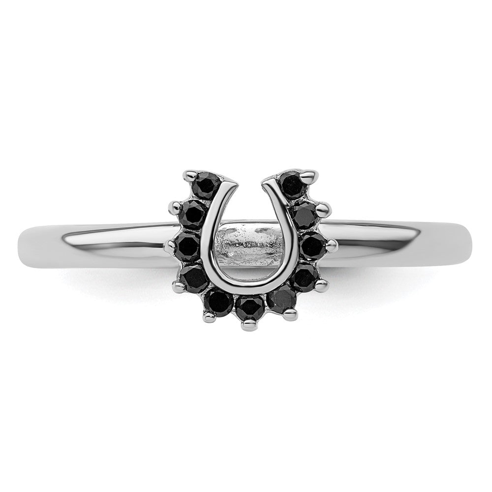 Buy Stylish Rhodium-Plated Sterling Silver Horseshoe Ring with Black Diamonds