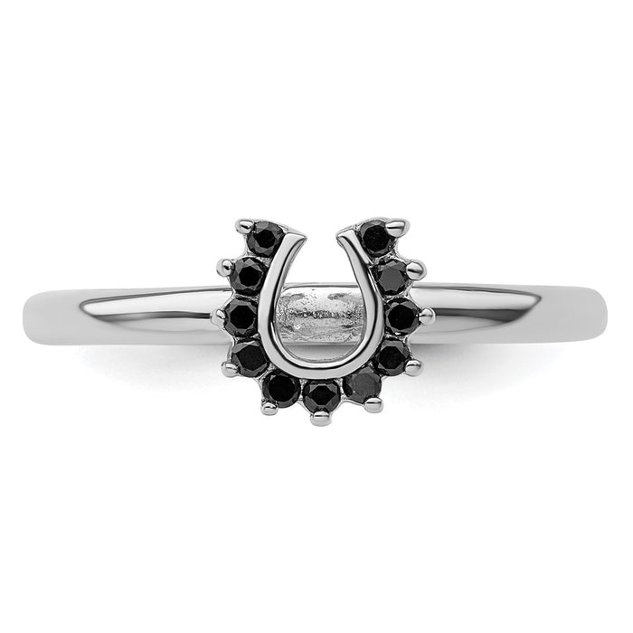 High-Quality Rhodium-Plated Sterling Silver Horseshoe Ring with Black Diamonds - Stylish & Affordable!-4
