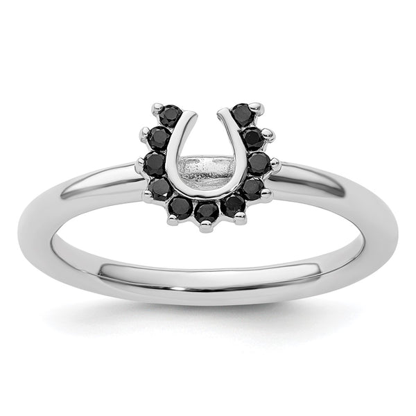 Rhodium-Plated Sterling Silver Horseshoe Ring with Black Diamonds