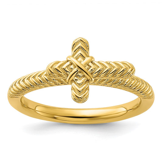 High-Quality Gold-Plated Textured Cross Ring - Stylish Stackable Expressions, 14K Gold