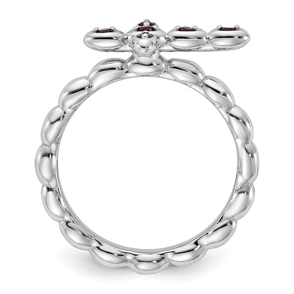 Rhodium-Plated Garnet Cross Ring in Sterling Silver - Stackable