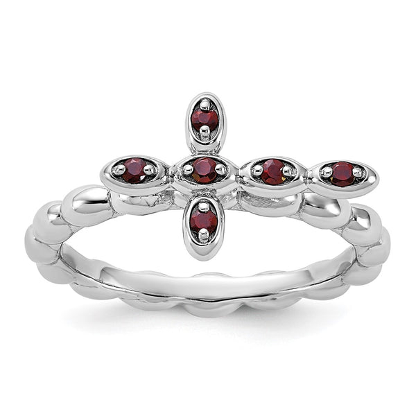 Rhodium-Plated Garnet Cross Ring in Sterling Silver - Stackable